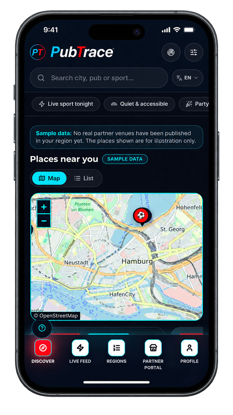 PubTrace mobile app discovery interface showing nearby places on a map